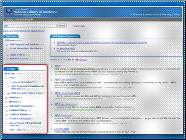 Image/screenshot of search results on an NLM Web page with the results displayed in clusters