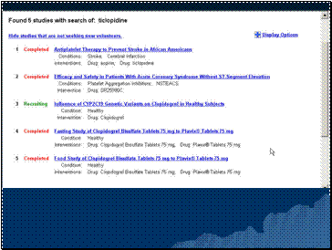 Screenshot of Clinical Trials search of ticlopidine