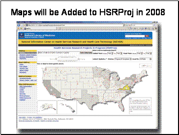 Screen shot of soon-to-be implemented mapping function that will be added to HSRProj site.  Picture portrays map of the entire US with dots representing location of active/funded studies in the database.  Map highlights State of Virginia as an example of the summary information that site will provide.