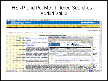 Screen shot of illustrative record from HSRR search with overlay/inset of page showing result of PubMed search using filter contained in the record itself.