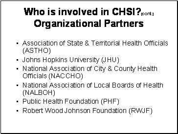 Page lists the six Organizational (not-for-profit) Partners in the CHSI project.
