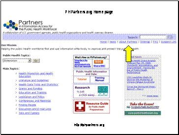 Screen shot of http://phpartners.org.  Arrow points to the “About Partners” section.  About Partners has background information on the beginning of the partnership and lists all of the partners organizations.
