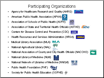 List of Participating Organizations. Include some government organizations, CDC, AHRQ, NAL, HRSA, NLM as well as non-profit organizations, APHA, NACCHO, PHF and SOPHE.