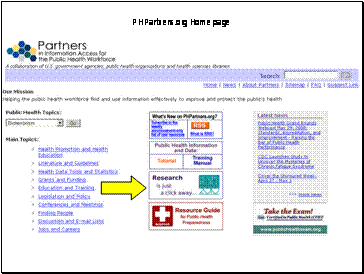 Screen shot of http://phpartners.org.  Arrow points to the Health People 2010 Information Access Project.  Located in the middle of the page, under public health information and data tutorial.