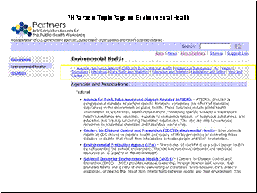 Screen shot of http://phpartners.org/environmentalhealth.html. Highlights the subsections in the Environmental health topic page.