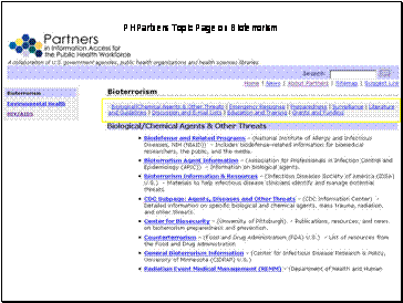 Screen shot of http://phpartners.org/bioterrorism.html. Highlights the subsections of the bioterrorism topic page.