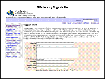 Screen shot of Suggest a Link page, http://phpartners.org/suggestlink.html