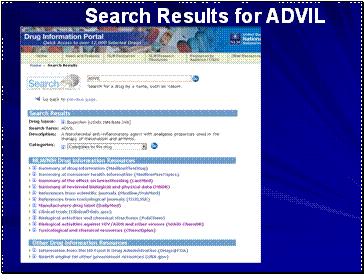 NLM Drug Information Portal search results for ADVIL