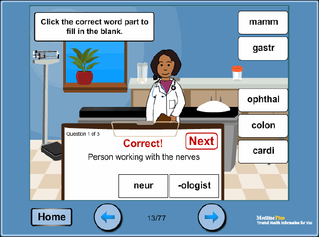 Interactive quiz about a "neurologist",; who is a person working with nerves.