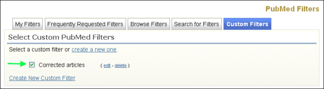 Screen capture of PubMed Customer Filters.