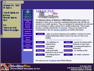 Image:

 Screenshot of MedlinePlus Web page from October 22, 1998

October 22, 1998: 22 Health Topics
Health topics are primary
Search box on front

But…
Too much text
Too much jargon
