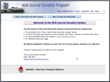 Image:

 Screenshot of the Welcome page of the NLM Journal Donation System