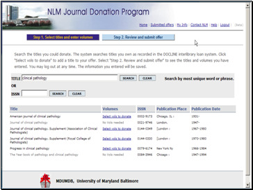 Image:

 Screenshot of search results in the NLM Journal Donation System