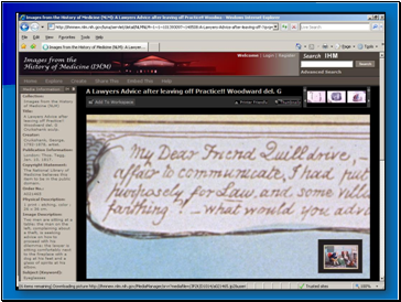 Image:

 Screenshot of the newly designed "Zoom Feature" of a detailed record from the "Images from the History of Medicine (IHM)" Web page 