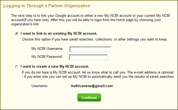 Screen capture of Linking partner organization to My NCBI screen.