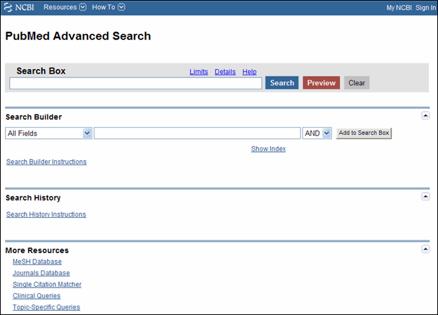 Screen capture of PubMed Advanced Search.