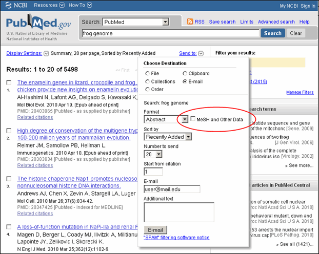 Screen capture of PubMed Send to E-mail Abstract Format.