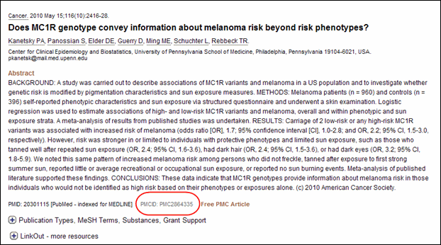 Screen capture of The PMCID displays on the PubMed Abstract format.