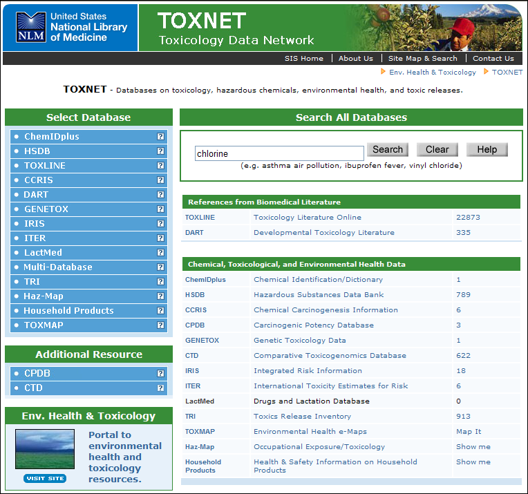 Screen capture of TOXNET Search Results Page.