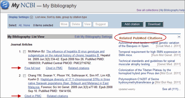 Screen capture of My Bibliography with links and Related PubMed Citations portlet.