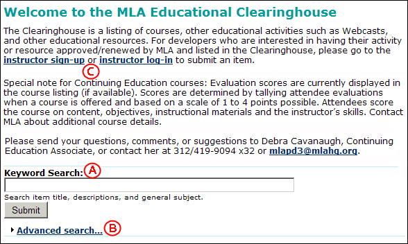 Screen capture of the Welcome Web page for the MLA Continuing Education Clearinghouse.