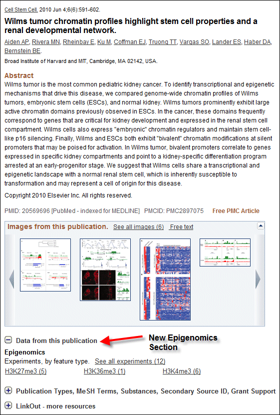 Screen capture of PubMed Abstract display with links to Epigenomics