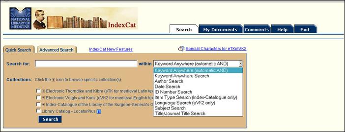 Screen capture of Search Category Options on Quick Search.