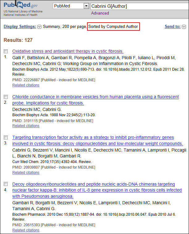 Screen capture of PubMed author search results sorted by computed author
