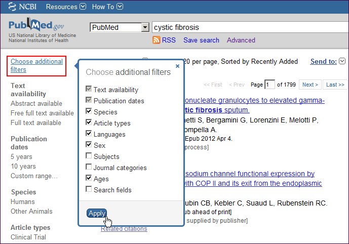 Screen capture of PubMed results with default filter sidebar selections