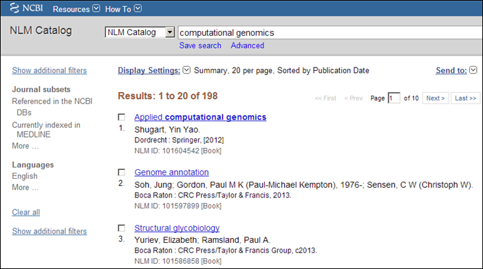 Screen capture of NLM Catalog results with default filter sidebar selections