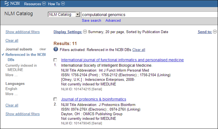 Screen capture of NLM Catalog computational genomics results filtered by journals referenced in the NCBI databases