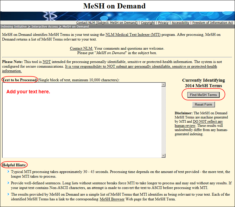 Screen capture of the MeSH on Demand homepage