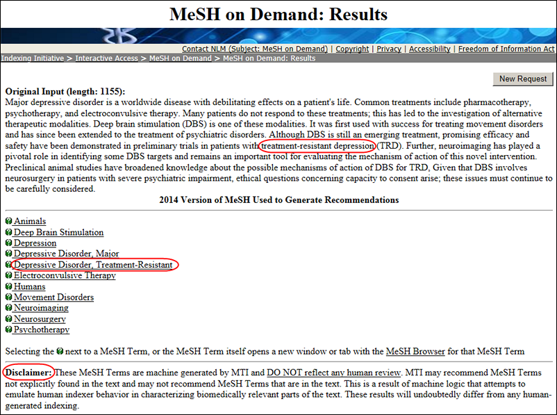 Screen capture of the MeSH on Demand results page