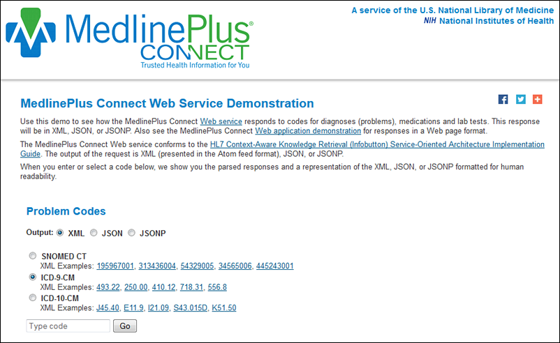 Screen capture of the MedlinePlus Connect Web Service Demonstration homepage.