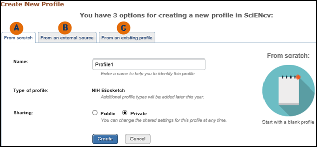Screen capture of Three options to create a SciENcv profile.
