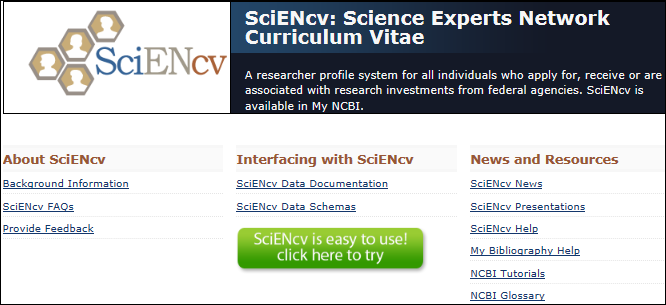 Screen capture of SciENcv Web site.