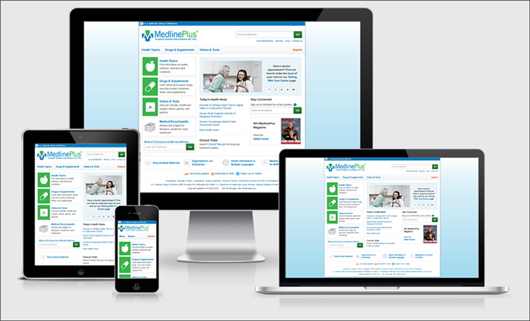 screen shot of MedlinePlus on desktop, laptop, tablet, and smartphone