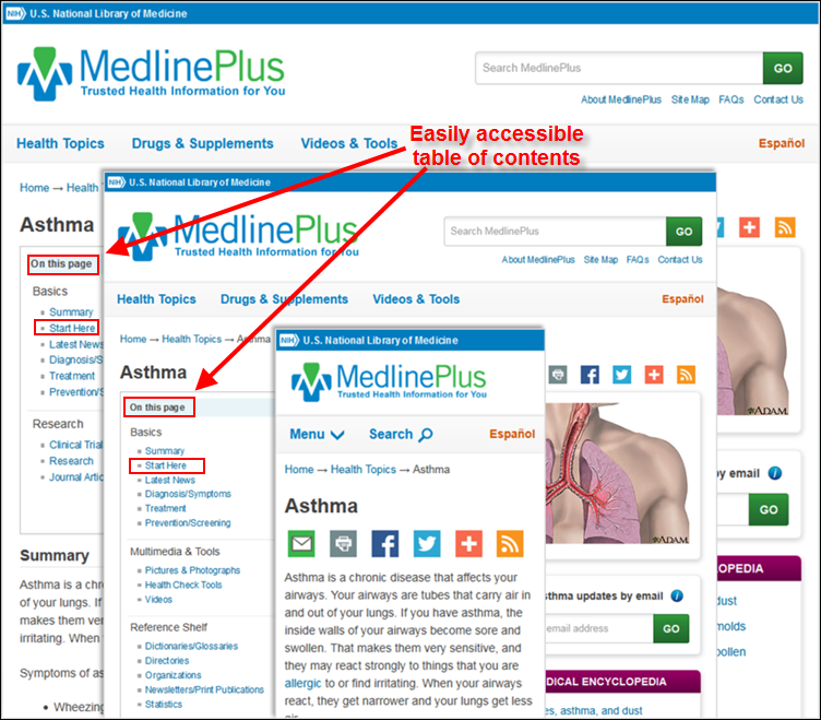screen shot of the New Health Topic page designs for MedlinePlus on the desktop, tablet, and smartphone