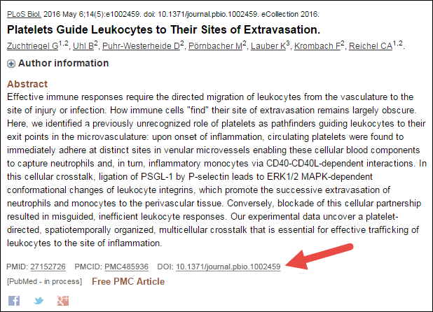 screen shot of PubMed Abstract Display with new DOI link