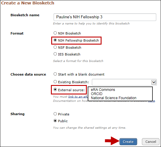Create an NIH Fellowship biosketch using information from an external data source