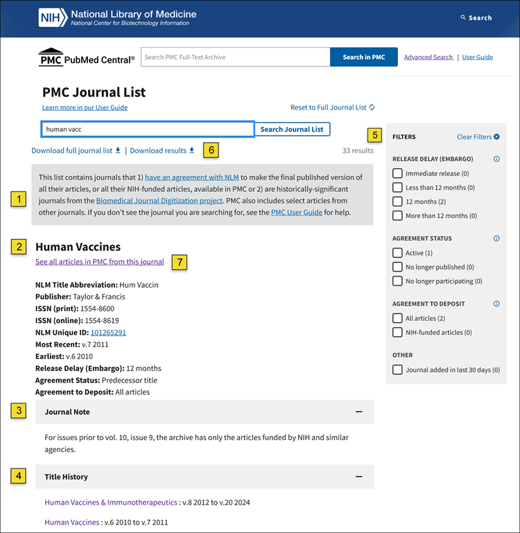screenshot of PMC journal list webpage with yellow numbers corresponding with the list of notable changes.