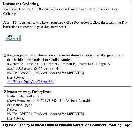 Figure 2: Display of Direct Links for PubMed Central Articles on Document Ordering Page