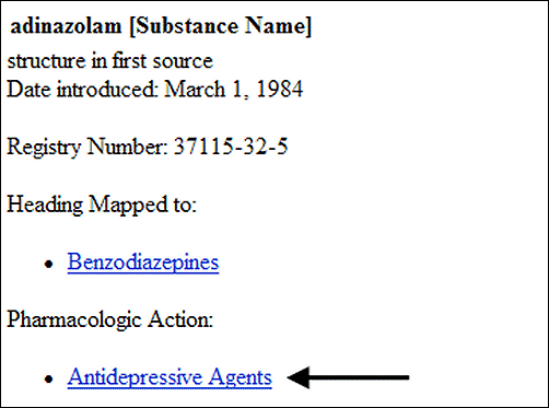 Screen capture of MeSH record for a substance showing its Pharmacologic Action term.