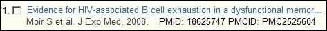 Screen capture of PMC ID on an item in a My NCBI Bibliography.
