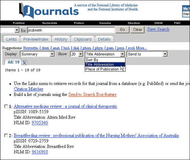 Screen capture of Journals database new Sort options.