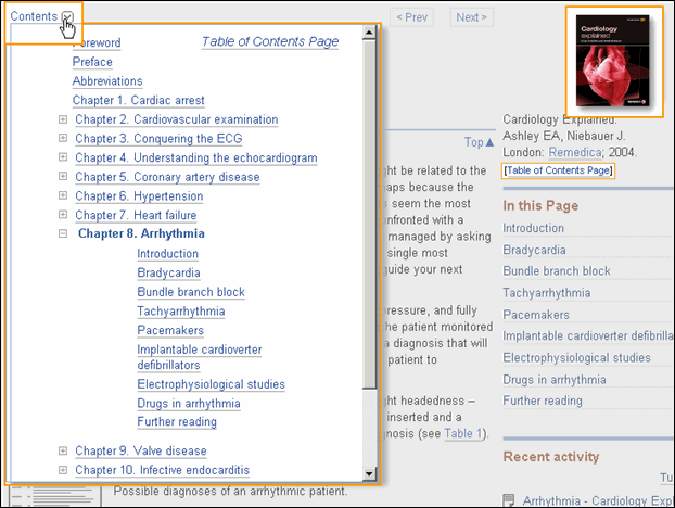 Screen capture of Contents link showing the dropdown table of contents.