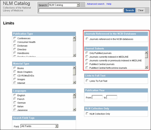 Screen capture of Journals database Limits screen.