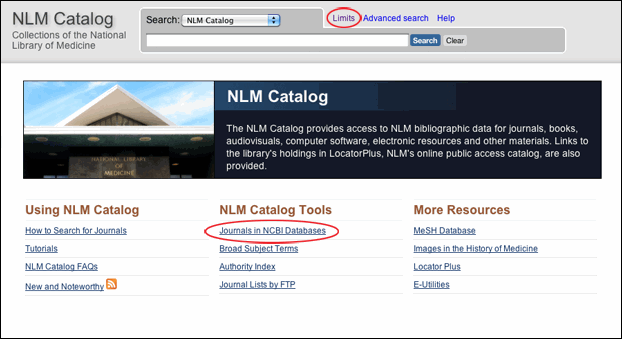 Screen capture of NLM Catalog homepage.