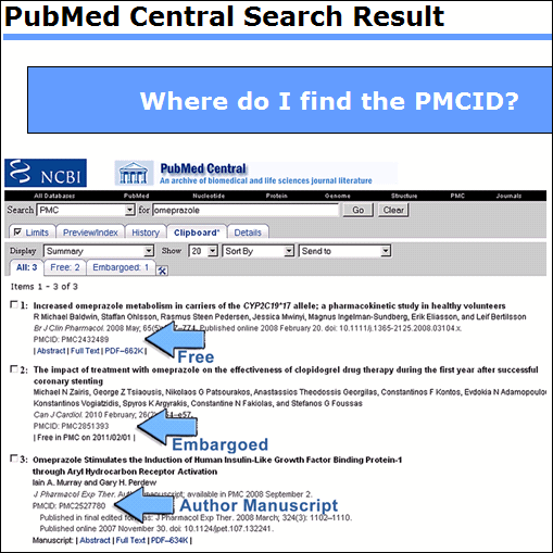 Screen capture of Finding the PMCID in a PMC search result

