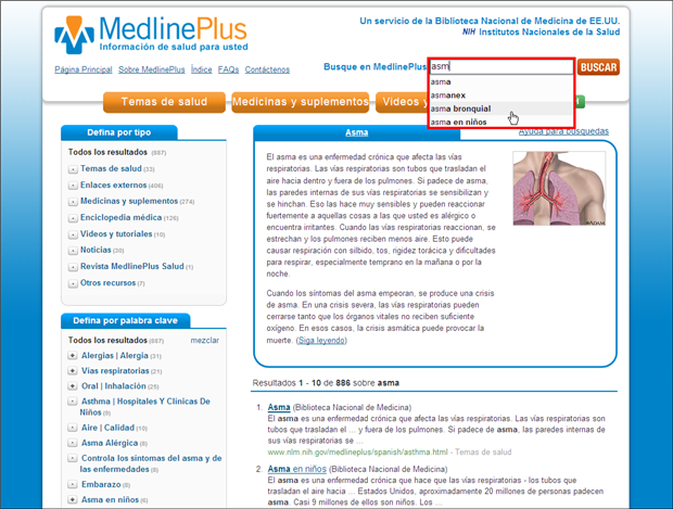 Screen capture of auto-complete feature appears in all MedlinePlus en español search boxes.